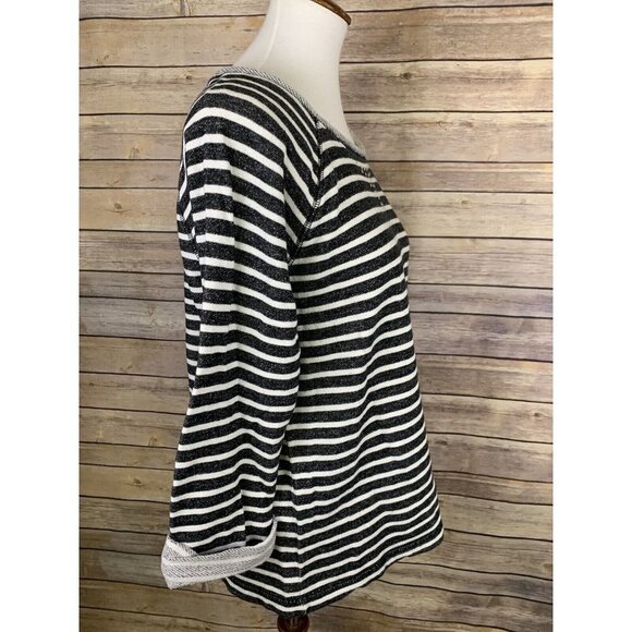Anne Klein Large Striped French Terry Shirt Silver Collar Detail Raw Hem - Picture 7 of 9
